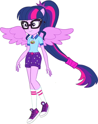 Size: 600x757 | Tagged: safe, edit, edited screencap, editor:incredibubbleirishguy, screencap, sci-twi, twilight sparkle, human, equestria girls, g4, my little pony equestria girls: legend of everfree, background removed, beautiful, camp everfree logo, camp everfree outfits, full body, full view, ponied up, pony ears, ponytail, pretty, simple background, smile edit, smiling, solo, spread wings, transparent background, wings
