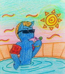 Size: 960x1092 | Tagged: safe, artist:mintytreble, teddy, earth pony, pony, semi-anthro, g1, my little pony tales, arm hooves, drink, drinking, drinking straw, glasses, heat, male, summer, sunglasses, swimming pool, traditional art