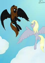 Size: 2999x4200 | Tagged: safe, artist:finirim, derpy hooves, oc, oc:wolfwood gloom, pegasus, pony, g4, cloud, duo, female, flying, male, mare, pegasus oc, shipping, sky, smiling