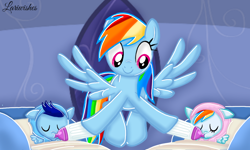 Size: 1200x720 | Tagged: safe, artist:mlplary6, rainbow dash, oc, oc:blue skies, oc:speedy dash, pegasus, pony, g4, baby, baby pony, bottle, colt, cradle, eyes closed, feeding, female, filly, flying, foal, male, mare, momma dash, mother and child, mother and daughter, mother and son, offspring, parent:rainbow dash, parent:soarin', parents:soarindash, siblings, smiling, swaddled, swaddled baby, swaddling, twins, wrapped snugly
