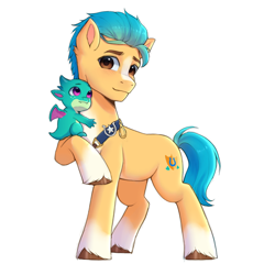 Size: 2048x2048 | Tagged: safe, artist:xiaowu07, hitch trailblazer, sparky sparkeroni, dragon, earth pony, pony, g5, baby, baby dragon, duo, father and child, father and son, high res, male, papa hitch, simple background, stallion, white background