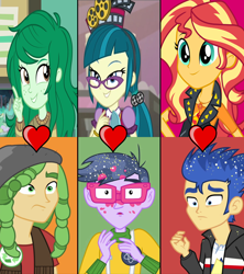 Size: 1280x1440 | Tagged: safe, edit, edited screencap, screencap, flash sentry, juniper montage, micro chips, sandalwood, sunset shimmer, wallflower blush, human, a banner day, equestria girls, equestria girls specials, g4, my little pony equestria girls: better together, my little pony equestria girls: forgotten friendship, my little pony equestria girls: mirror magic, female, male, microjuniper, sandalflower, ship:flashimmer, shipping, shipping domino, straight