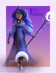 Size: 1970x2550 | Tagged: safe, artist:aegisaplomb, princess luna, human, g4, clothes, dress, female, high res, humanized, passepartout, solo, staff