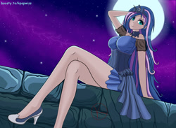 Size: 1280x937 | Tagged: safe, artist:kpapwiss, kotobukiya, princess luna, human, g4, breasts, clothes, crown, dress, female, humanized, jewelry, kotobukiya princess luna, legs, light skin, looking at you, moon, regalia, shoes, simple background, smiling, solo
