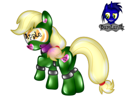 Size: 2990x2553 | Tagged: safe, alternate version, artist:damlanil, applejack, earth pony, latex pony, original species, pony, g4, alternate color palette, bdsm, bondage, close-up, clothes, collar, cuffs, encasement, female, gas mask, heart, high res, hypnogear, latex, living latex, mare, mask, mind control, raised hoof, restrained, rubber, rubber drone, rubber suit, shiny, shiny mane, show accurate, simple background, solo, story, story included, transformation, transparent background, vector, visor