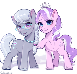 Size: 2048x1958 | Tagged: safe, artist:xiaowu07, diamond tiara, silver spoon, earth pony, pony, g4, adorabullies, braid, braided ponytail, cute, duo, female, filly, foal, glasses, high res, jewelry, looking at you, necklace, ponytail, raised hoof, simple background, tiara, unshorn fetlocks, white background