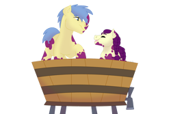 Size: 1280x854 | Tagged: safe, artist:itstechtock, boysenberry, goldengrape, sir colton vines iii, earth pony, pony, g4, brother and sister, female, grape stomping, headcanon, male, siblings, simple background, stallion, transparent background