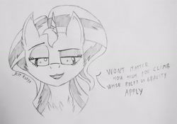 Size: 2297x1604 | Tagged: safe, artist:just rusya, sunset shimmer, pony, unicorn, g4, bust, eyebrows, fangs, lidded eyes, looking at you, looking down, looking down at you, offscreen character, open mouth, pencil drawing, portrait, pov, raised eyebrow, smiling, smirk, solo, traditional art