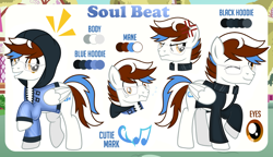 Size: 1200x689 | Tagged: safe, artist:jennieoo, oc, oc:soul beat, pegasus, pony, angry, clothes, cutie mark, glasses, hoodie, jacket, leather, leather jacket, looking at you, one eye closed, pegasus oc, reference, reference sheet, shocked, show accurate, simple background, smiling, smiling at you, solo, vector, wink