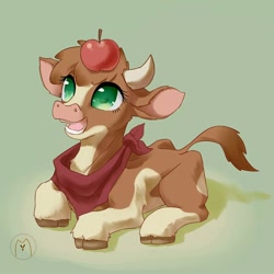 Size: 2000x2000 | Tagged: safe, artist:malt cat, arizona (tfh), cow, them's fightin' herds, apple, arizonadorable, cloven hooves, community related, cute, female, food, green background, high res, looking up, lying down, neckerchief, open mouth, prone, simple background, solo