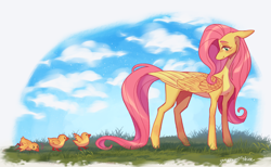 Size: 2600x1600 | Tagged: safe, artist:yuyusunshine, fluttershy, bird, duck, pegasus, pony, g4, animal, concave belly, countershading, duckling, female, fluttermom, long legs, looking back, mare, slender, solo, thin