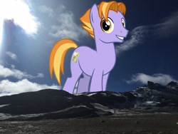 Size: 2048x1536 | Tagged: safe, anonymous editor, artist:cheezedoodle96, edit, auburn vision, earth pony, pony, g4, background pony, friendship student, giant pony, giant/macro earth pony, grin, highrise ponies, irl, looking at you, macro, male, mega giant, mountain, mountain range, peru, photo, ponies in real life, smiling, solo, stallion