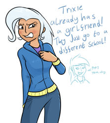 Size: 1258x1410 | Tagged: safe, artist:moonatik, rainbow dash, trixie, human, equestria girls, g4, clothes, colored sketch, dialogue, hoodie, human coloration, humanized, implied lesbian, pants, simple background, white background