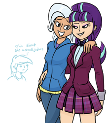 Size: 1258x1410 | Tagged: safe, artist:moonatik, rainbow dash, starlight glimmer, trixie, human, equestria girls, g4, bowtie, clothes, colored sketch, crystal prep academy uniform, dialogue, eyeshadow, female, hoodie, human coloration, humanized, lesbian, looking at each other, looking at someone, makeup, pants, s5 starlight, school uniform, ship:startrix, shipping, shirt, simple background, skirt, white background