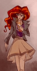Size: 682x1321 | Tagged: safe, artist:hilloty, sunset shimmer, human, g4, clothes, female, humanized, juice, skirt, solo