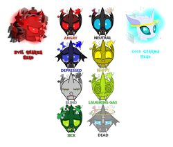 Size: 1459x1243 | Tagged: safe, artist:luca games, centaur, changeling, taur, angry, blind, blue changeling, chess, dead, demon horns, emotions, green changeling, halo, happy, horns, icon, karma, neutral, oddworld, red changeling, sad, sick, simple background, transparent background, yellow changeling