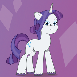 Size: 1200x1200 | Tagged: safe, artist:prixy05, rarity, pony, unicorn, g4, g5, my little pony: tell your tale, g4 to g5, generation leap, purple background, simple background, smiling, solo