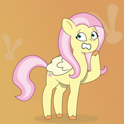 Size: 1200x1200 | Tagged: safe, artist:prixy05, fluttershy, pegasus, pony, g4, g5, my little pony: tell your tale, g4 to g5, generation leap, gradient background, gritted teeth, orange background, simple background, solo, teeth