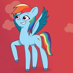 Size: 1200x1200 | Tagged: safe, artist:prixy05, rainbow dash, pegasus, pony, g4, g5, my little pony: tell your tale, g4 to g5, generation leap, gradient background, grin, red background, simple background, smiling, solo