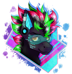 Size: 1361x1402 | Tagged: safe, artist:chvrchgrim, oc, oc only, oc:krypt, pegasus, pony, abstract background, augmented, black sclera, bust, cybernetic eyes, cybernetic pony, cyberpunk, ear piercing, eyebrows, gauges, male, multicolored hair, neon, pegasus oc, piercing, portrait, simple background, smiling, smirk, solo, transparent background, visor, windswept mane