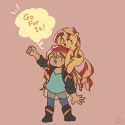 Size: 1280x1280 | Tagged: safe, artist:metaruscarlet, derpibooru exclusive, sunset shimmer, human, pony, unicorn, g4, blushing, boots, clothes, cute, dress, duo, eyes closed, female, humanized, jacket, leather, leather jacket, mare, motivational, open mouth, pants, ponies riding humans, positive message, positive ponies, riding, self paradox, self ponidox, shimmerbetes, shoes