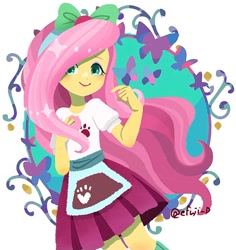 Size: 704x747 | Tagged: safe, artist:efuji_d, fluttershy, butterfly, human, equestria girls, g4, apron, blushing, bow, clothes, cute, female, hair bow, looking at you, shyabetes, signature, simple background, skirt, smiling, smiling at you, solo, white background
