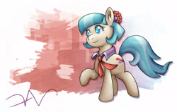 Size: 2200x1400 | Tagged: safe, artist:swasfews, coco pommel, earth pony, pony, g4, flower, flower in hair, hairband, looking at something, necktie, raised hoof, simple background, solo, standing, white background