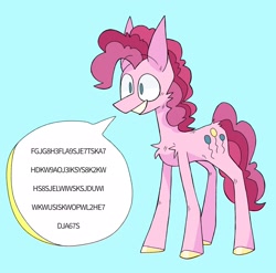 Size: 2048x2023 | Tagged: safe, artist:volchok, pinkie pie, earth pony, pony, g4, blue background, dialogue, female, gibberish, high res, mare, simple background, smiling, solo, speech bubble
