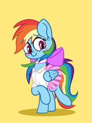 Size: 1500x2000 | Tagged: safe, artist:fakkajohan, rainbow dash, pegasus, pony, g4, blushing, bow, clothes, cute, female, rainbow dash always dresses in style, shirt, simple background, skirt, smiling, solo, yellow background