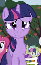 Size: 502x796 | Tagged: safe, screencap, bon bon, pinkie pie, sweetie drops, twilight sparkle, pony, unicorn, g4, the super speedy cider squeezy 6000, apple, apple tree, background character, cropped, cute, offscreen character, smiling, solo focus, tree, twiabetes, unicorn twilight