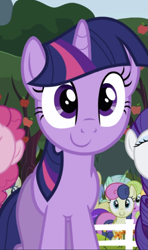 Size: 555x937 | Tagged: safe, screencap, bon bon, pinkie pie, rarity, sweetie drops, twilight sparkle, pony, unicorn, g4, the super speedy cider squeezy 6000, apple, apple tree, background character, cropped, cute, offscreen character, smiling, solo focus, tree, twiabetes, unicorn twilight