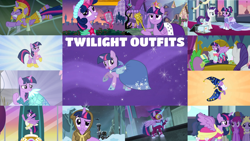 Size: 1280x720 | Tagged: safe, editor:quoterific, berry punch, berryshine, clover the clever, fine line, lyra heartstrings, lyrica lilac, maxie, perfect pace, rarity, spike, twilight sparkle, alicorn, dragon, earth pony, pony, unicorn, a canterlot wedding, a royal problem, canterlot boutique, g4, hearth's warming eve (episode), luna eclipsed, magical mystery cure, power ponies (episode), princess twilight sparkle (episode), scare master, school daze, suited for success, the last problem, winter wrap up, armor, athena sparkle, ballerina, big crown thingy, clothes, coronation dress, costume, dress, element of magic, female, folded wings, gala dress, jester dress, jewelry, magic, mare, masked matter-horn costume, microphone, power ponies, princess dress, regalia, scarf, scepter, second coronation dress, spread wings, star swirl the bearded costume, striped scarf, tutu, twilarina, twilight scepter, twilight sparkle (alicorn), unicorn twilight, wings