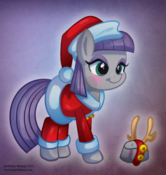 Size: 781x825 | Tagged: safe, artist:marybellamy, boulder (g4), maud pie, earth pony, pony, g4, antlers, blushing, boulder, christmas, clothes, commission, costume, hat, holiday, jingle bells, patreon, reindeer antlers, request, santa costume, santa hat, smiling, when she smiles