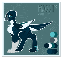 Size: 2700x2489 | Tagged: safe, artist:ezzerie, oc, oc only, oc:maggie, bird, griffon, magpie, griffon oc, high res, reference sheet, solo, tabby cat