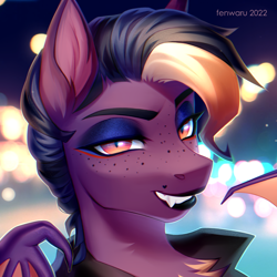 Size: 2000x2000 | Tagged: safe, artist:fenwaru, oc, oc only, oc:bea, bat pony, pony, bat pony oc, clothes, eyeshad, fangs, grin, high res, jacket, looking at you, sexy, slit pupils, smiling, solo, wings