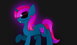 Size: 757x447 | Tagged: safe, artist:harmonicdreemur1308, oc, oc only, pony, unicorn, black sclera, horn, raised hoof, smiling, solo, unicorn oc