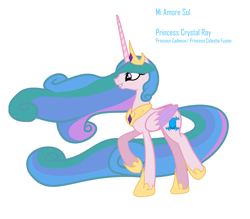 Size: 2873x2513 | Tagged: safe, artist:harmonicdreemur1308, princess cadance, princess celestia, pony, g4, grin, high res, hoof shoes, jewelry, peytral, raised hoof, simple background, smiling, solo, tiara, white background