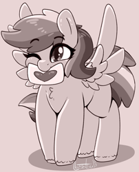Size: 726x897 | Tagged: safe, artist:llametsul, rainbow dash, pegasus, pony, g4, cute, dashabetes, female, mare, monochrome, mouth hold, one eye closed, simple background, solo, spread wings, wings
