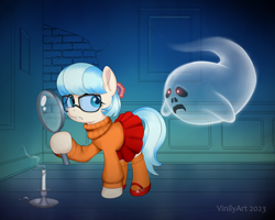 Size: 2096x1680 | Tagged: safe, artist:vinilyart, coco pommel, earth pony, ghost, pony, undead, g4, boo (super mario), clothes, crossover, duo, eyelashes, female, glasses, luigi's mansion, magnifying glass, mare, scooby-doo!, skirt, super mario bros., velma dinkley