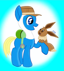 Size: 750x832 | Tagged: safe, artist:gracefulart693, oc, oc:finn the pony, earth pony, eevee, pony, abstract background, adventure time, backpack, duo, hat, male, pokémon, raised hoof