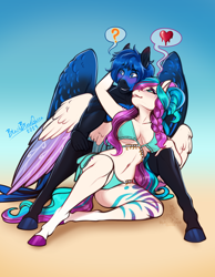 Size: 2560x3302 | Tagged: source needed, safe, artist:blackblood-queen, oc, oc only, oc:abilio, oc:lily aura, pegasus, anthro, unguligrade anthro, anthro oc, beach, belly button, bikini, blushing, breasts, clothes, commission, couple, digital art, female, gradient background, heart, high res, male, mare, oc x oc, pegasus oc, shipping, smiling, stallion, straight, swimming trunks, swimsuit