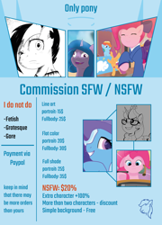 Size: 5750x8000 | Tagged: safe, artist:reinbou, izzy moonbow, moondancer, pinkie pie, rainbow dash, scootaloo, trixie, earth pony, pegasus, pony, unicorn, g4, g5, hoof done it?, my little pony: make your mark, my little pony: make your mark chapter 2, spoiler:my little pony: make your mark, spoiler:my little pony: make your mark chapter 2, spoiler:mymc02e07, advertisement, black and white, commission, commission info, derp, faic, female, grayscale, information, light, lineart, mare, maretime bay, monochrome, open mouth, solo