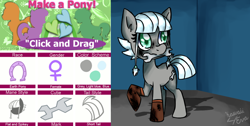 Size: 1128x567 | Tagged: safe, artist:lottafandoms, oc, oc only, earth pony, pony, clothes, female, gloves, mare, mouth hold, not limestone pie, raised hoof, short tail, signature, solo, tail, wrench