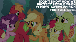 Size: 1920x1080 | Tagged: safe, edit, edited screencap, editor:quoterific, screencap, apple bloom, applejack, big macintosh, granny smith, sugar belle, earth pony, pony, unicorn, g4, the ending of the end, female, filly, foal, male, mare, stallion