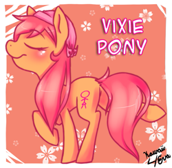 Size: 645x628 | Tagged: safe, artist:lottafandoms, oc, oc only, oc:vixie pony, earth pony, pony, art trade, blushing, butt, earth pony oc, eyes closed, female, mare, plot, raised hoof, raised leg, smiling, solo, tail