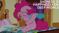 Size: 1920x1080 | Tagged: safe, edit, edited screencap, editor:quoterific, screencap, pinkie pie, g4, pinkie pride, balloon, bed, deflation, solo, sugarcube corner