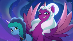 Size: 2560x1440 | Tagged: safe, misty brightdawn, opaline arcana, alicorn, pony, unicorn, g5, my little pony: tell your tale, official, spoiler:g5, duo, duo female, female, jewelry, mare, medallion, necklace, netflix, spread wings, wings