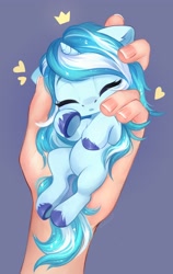 Size: 2220x3508 | Tagged: safe, artist:sofiko-ko, oc, oc only, human, pony, unicorn, cute, disembodied hand, eyes closed, hand, heart, high res, in goliath's palm, ocbetes, size difference, underhoof, unshorn fetlocks
