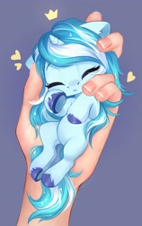 Size: 2220x3508 | Tagged: safe, artist:sofiko-ko, oc, oc only, human, pony, unicorn, cute, disembodied hand, eyes closed, hand, heart, high res, holding a pony, in goliath's palm, micro, ocbetes, size difference, tiny, tiny ponies, underhoof, unshorn fetlocks