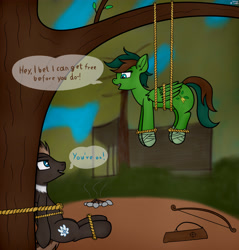 Size: 4300x4500 | Tagged: safe, artist:sassysvczka, oc, oc only, oc:littlewing, oc:windy barebow evergreen, pegasus, pony, bondage, bow (weapon), campfire, captive, commission, dare, female, forest, forest background, male, mare, pegasus oc, quiver, rope, rope bondage, speech bubble, stallion, suspended, suspension bondage, text, tied up, tree, tree branch